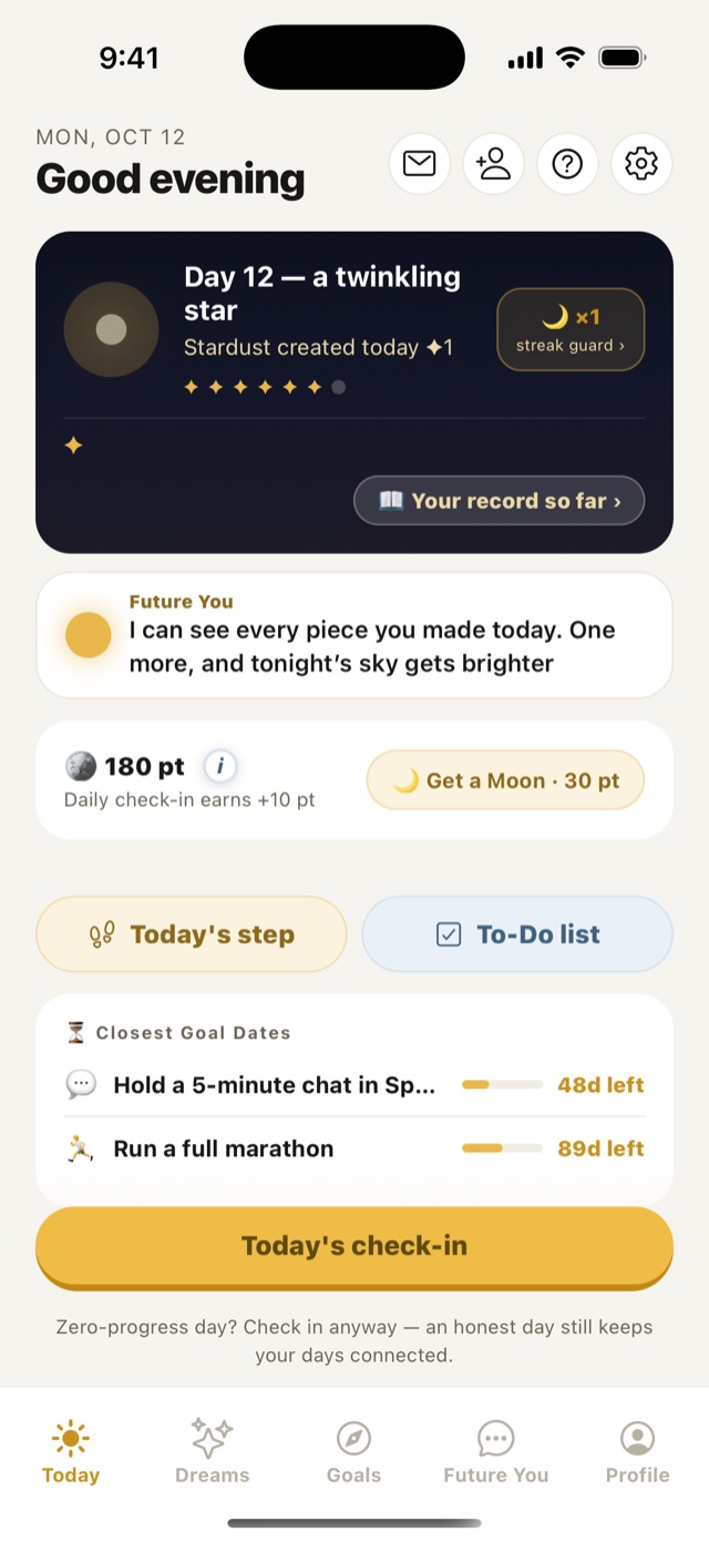 Today screen at night: a starry sky above Day 12